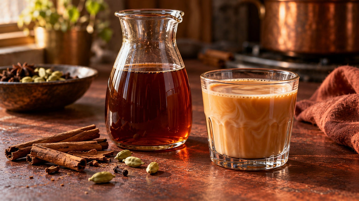 Kleine Glaskaraffe mit dunklem Chai-Konzentrat neben einem Chai Latte, Zimt und Kardamom auf einer terrakottafarbenen Fläche
