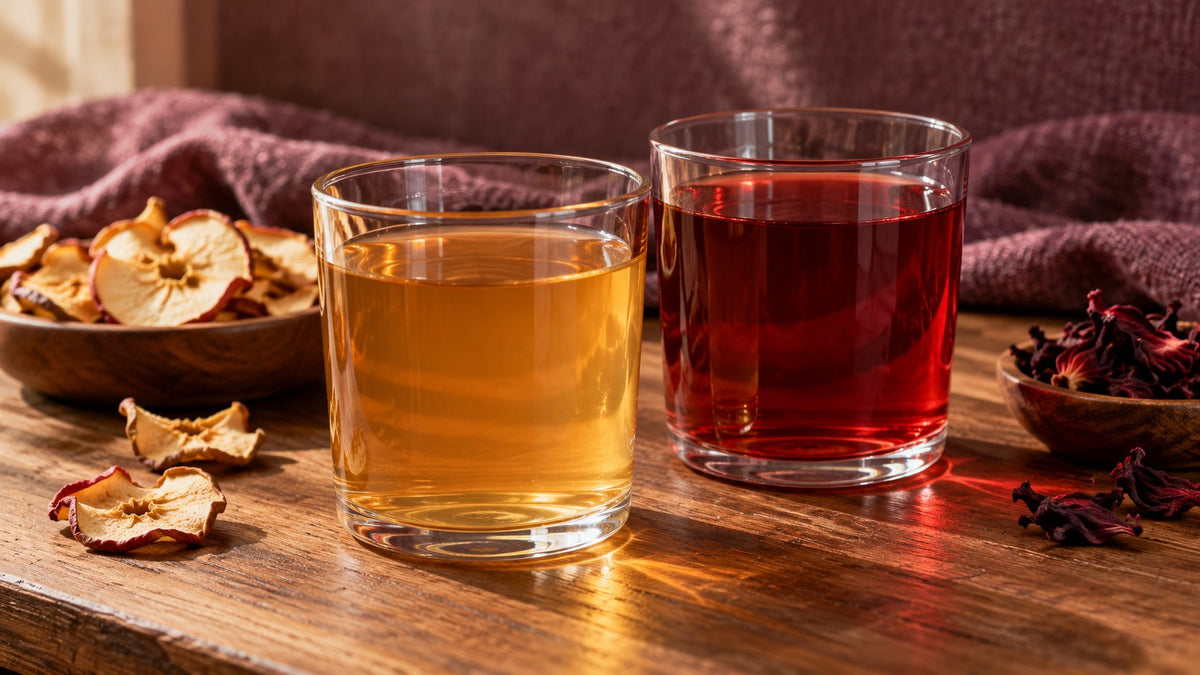 Zwei klare Gläser mit goldenem und rubinrotem Früchtetee auf dunklem Holz vor pflaumenfarbenem Leinen