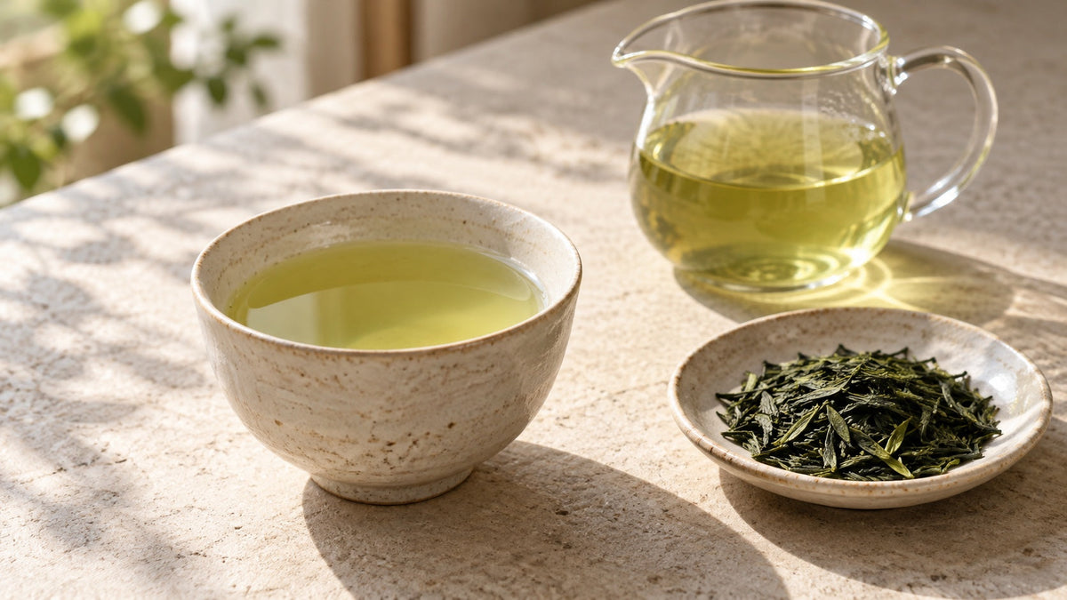 Tasse grüner Tee mit Sencha-Blättern und einer Glaskanne auf einem hellen Steintisch