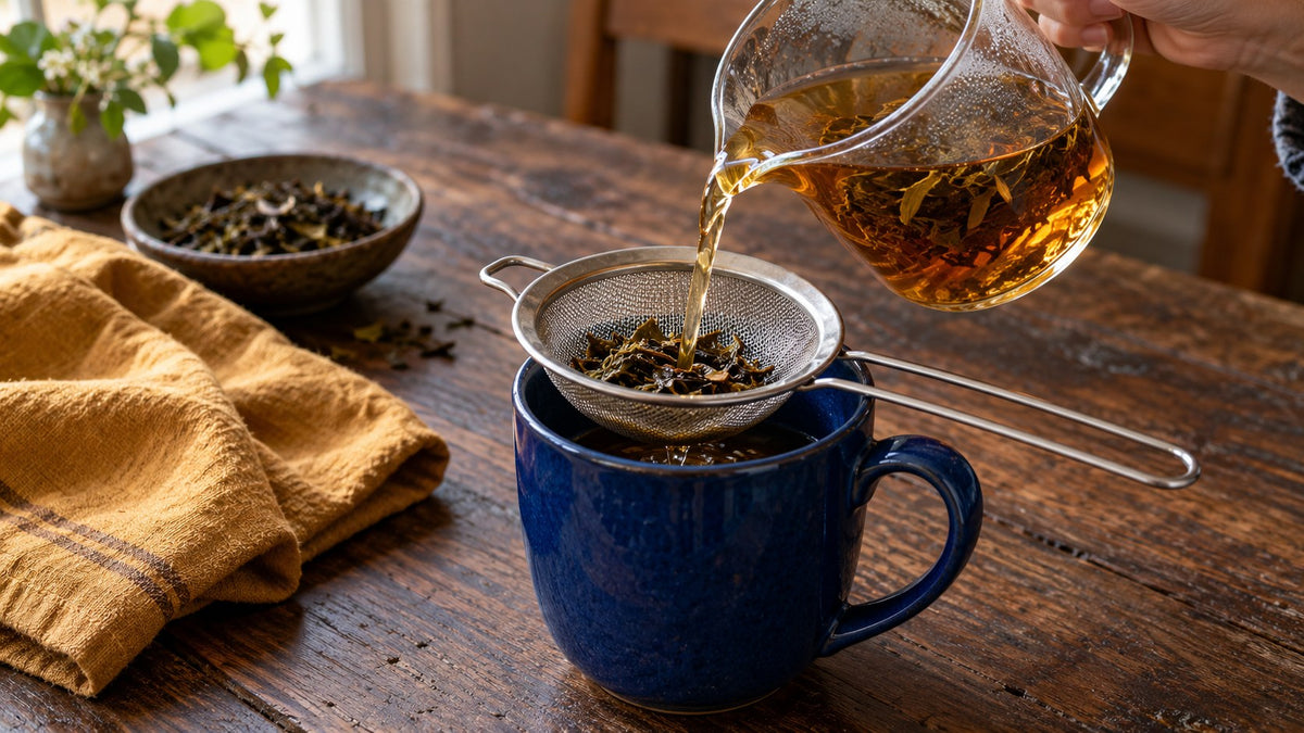 Amberfarbener Tee wird aus einer Glaskanne durch ein auf einer blauen Tasse liegendes Küchensieb gegossen
