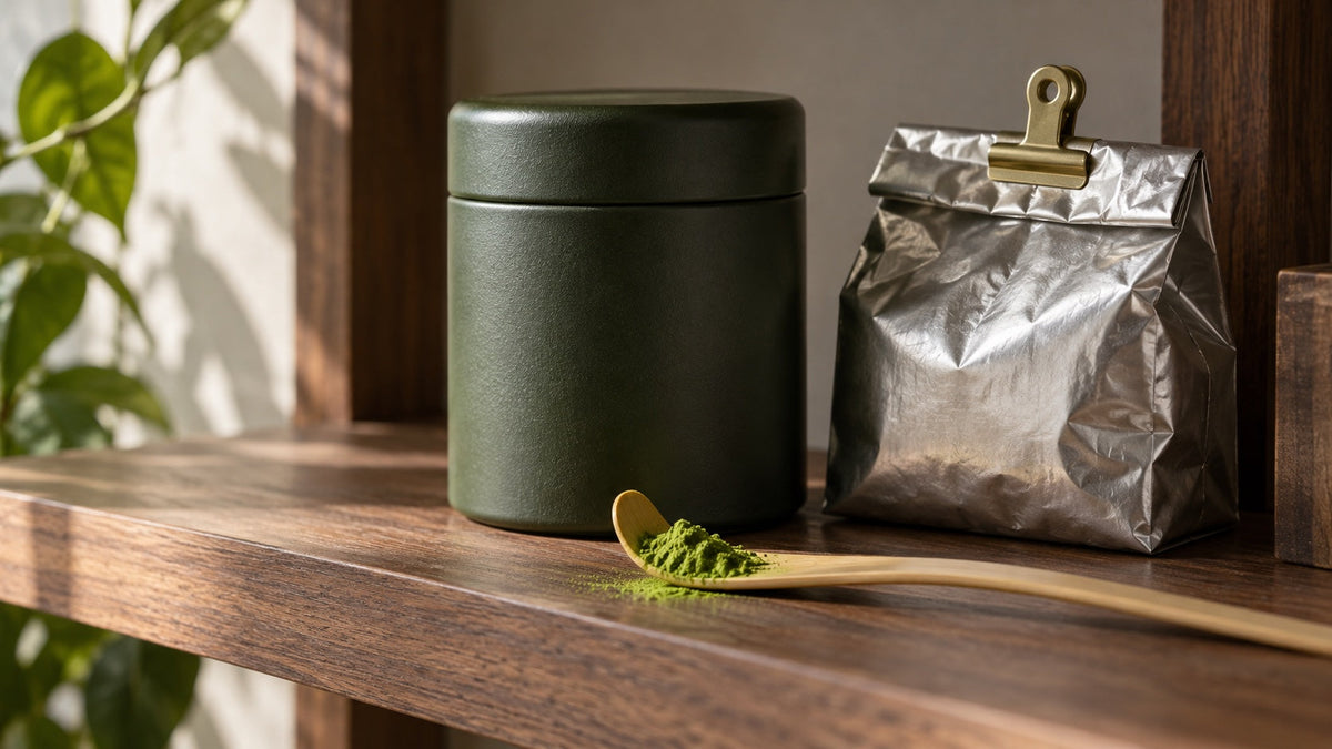 Geschlossene grüne Teedose und verschlossener Folienbeutel neben einem trockenen Bambuslöffel mit Matcha