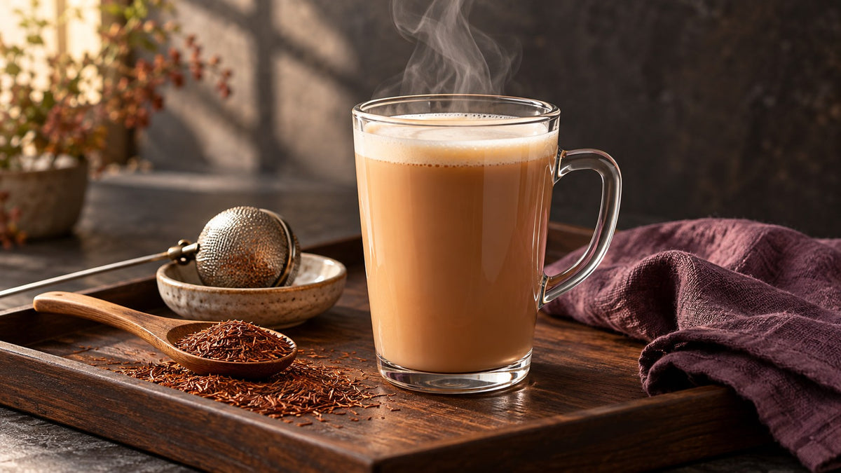 Warmer Rooibos Latte mit feinem Milchschaum in einem Glas, daneben trockener Rooibos und ein Teesieb auf einem dunklen Holztablett