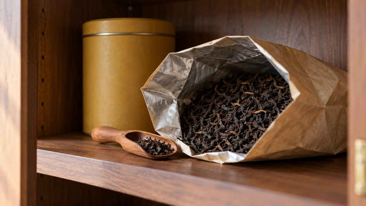 Offene unbeschriftete Teetüte mit trockenen Schwarzteeblättern und Holzlöffel in einem Vorratsschrank neben einer gelben Teedose