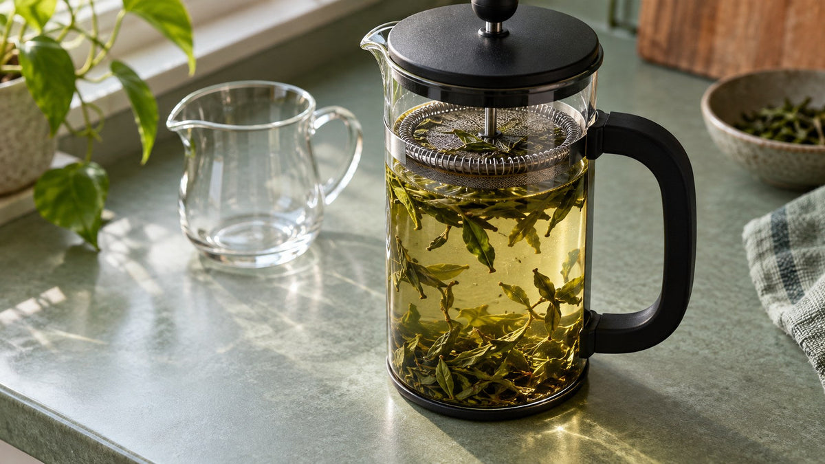 French Press mit losem Grüntee und angehobenem Metallsieb neben einer leeren Glaskanne auf grüner Arbeitsplatte