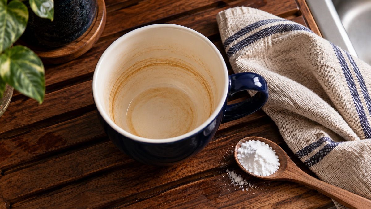 Dunkelblaue Tasse mit braunen Teerändern neben Natron und einem weichen Tuch auf Holz