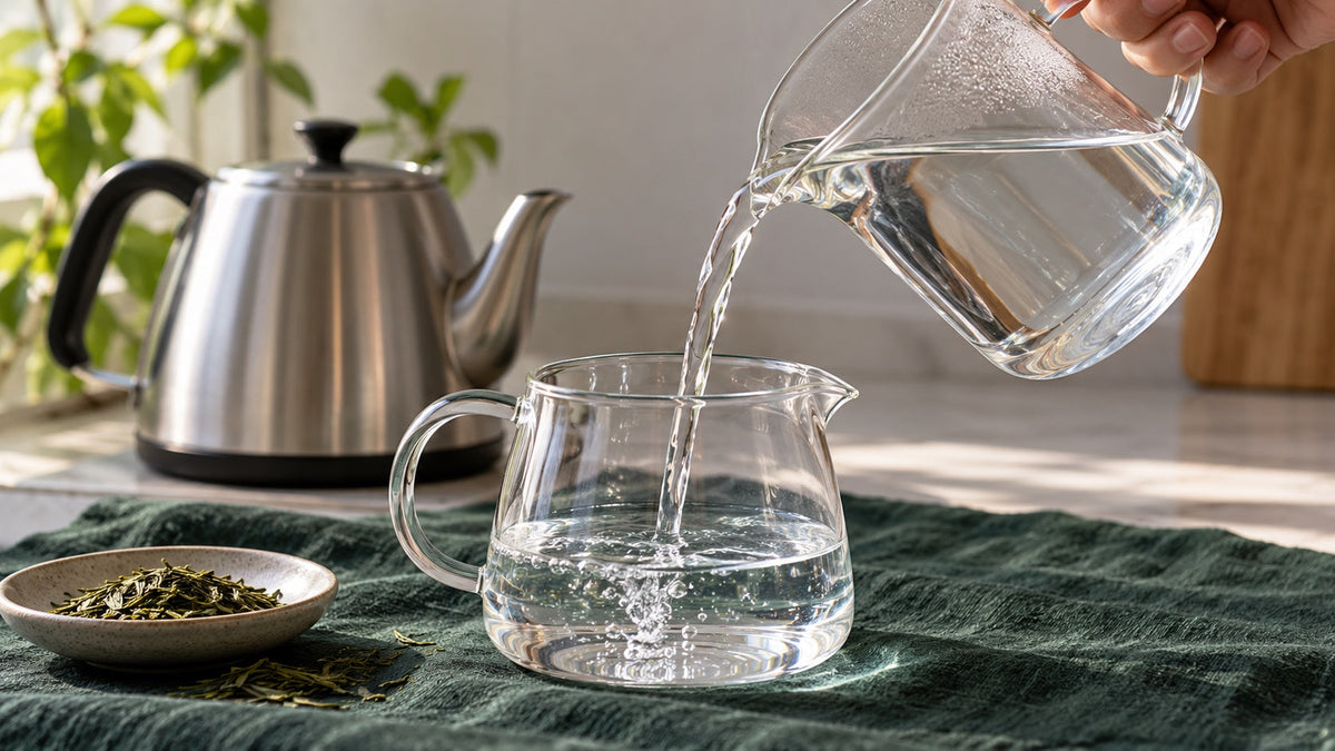 Heißes Wasser wird zwischen zwei hitzebeständigen Glaskännchen auf grünem Leinen umgegossen
