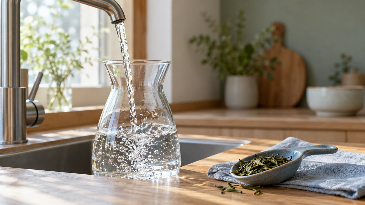 Frisches Wasser fließt in eine Glaskaraffe; daneben liegen Grünteeblätter in einem blauen Keramiklöffel auf hellem Holz