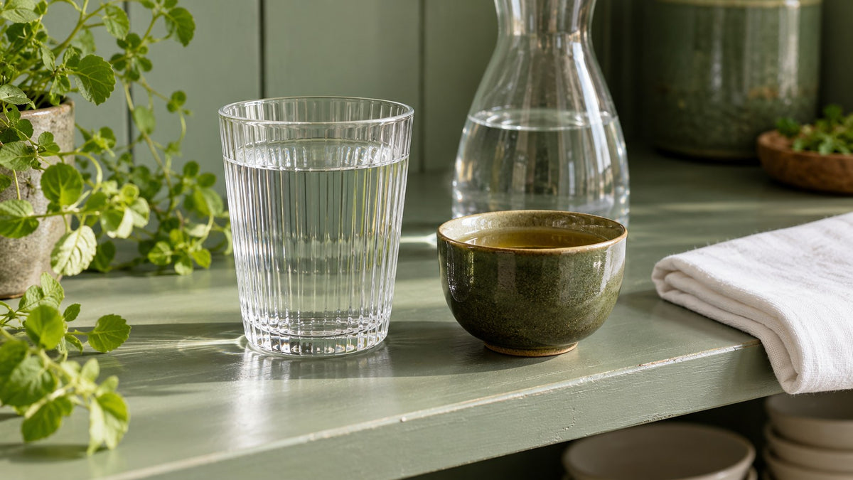 Wasserglas und kleine dunkelgrüne Teetasse mit heller Infusion auf einer sauberen Ablage