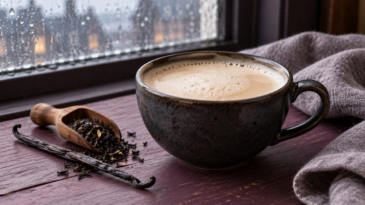 London Fog mit feinem Milchschaum in einer dunklen Keramiktasse neben Vanilleschote und trockenen Teeblättern auf einer pflaumenfarbenen Fläche