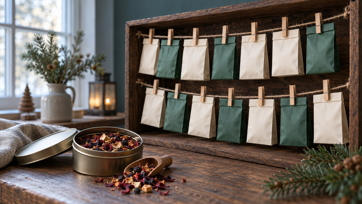 Selbst gestalteter Tee-Adventskalender mit grünen und hellen Päckchen an Holzklammern sowie einer Teedose auf dunklem Holz