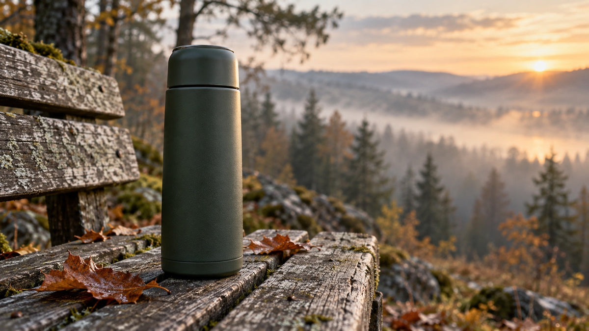 Grüne Isolierflasche auf einer verwitterten Bank vor einem nebligen Herbstwald