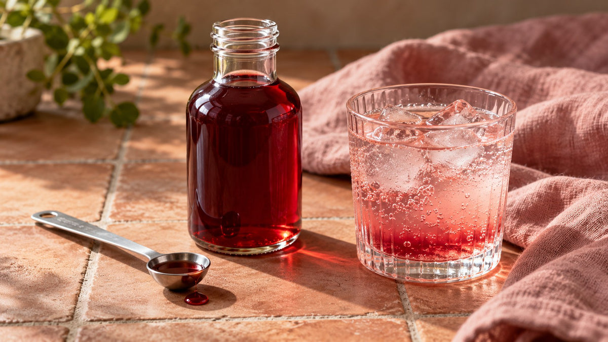 Rubinroter Teesirup in einer kleinen Glasflasche neben einem hellrosa Sprudelgetränk